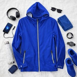 Hunter Blue Full Zip Lightweight Pockets Hooded Windbreaker/jacket. Ladies Large